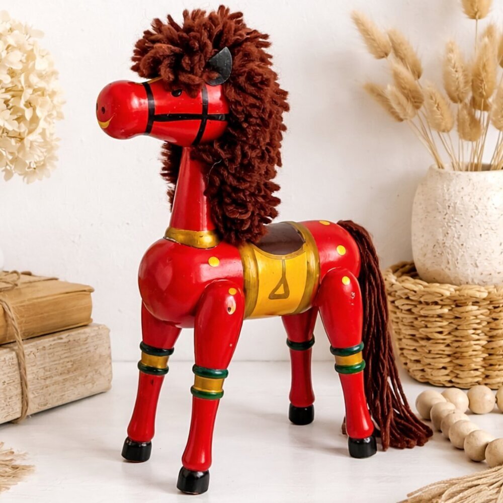 Vintage Wooden Red Horse Toy – Hand-Painted Folk Art Decor